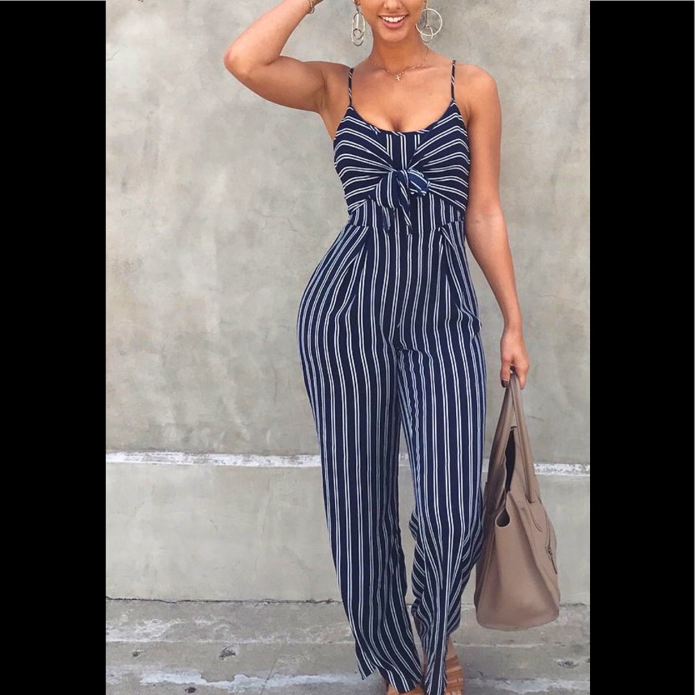 Elegant Euramerican Striped Royalblue Jumpsuit/ 1 Piece